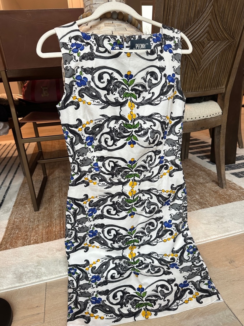 SAMANTHA SUNG White Midi Dress with Blue, Yellow & Green Baroque Motif